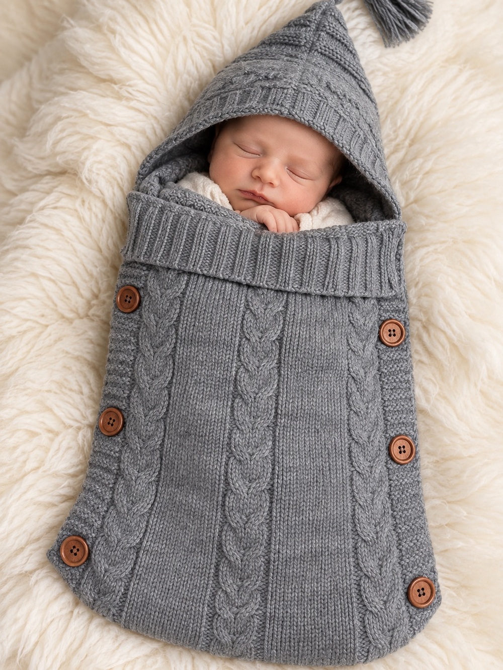 XMWEALTHY Newborn Gray Cable Knit Hooded Cocoon Swaddle Photo Prop